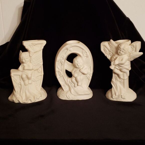 Lovely Vintage Set of 3 Ceramic Angel "JOY" Taper Candle Holders - Picture 1 of 11